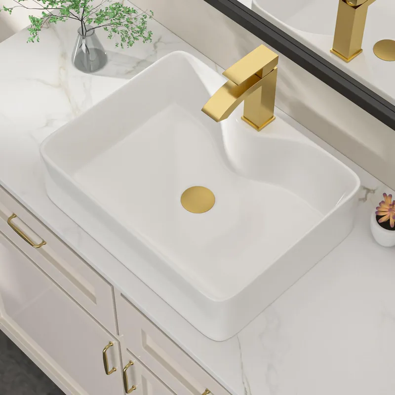 Dcolora 19 In. White Vessel Sink for Bathroom, Rectangular Above Counter Porcelain Ceramic Sink with Gold Accessories, 15"D x 19"W x 5"H DC-SFDOE00087