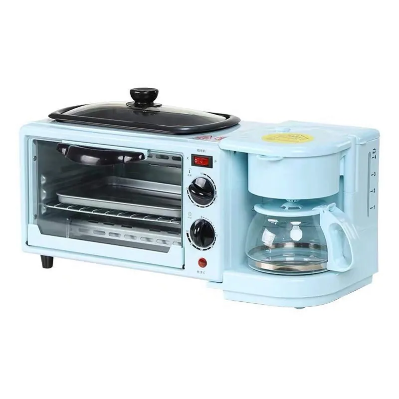 TXGJWRA Breakfast Maker Station - Multifunction 3 in 1 Machine with Mini Toaster Electric Oven, Frying Pan, and Sandwich Maker for Morning Meals at Home,Blue