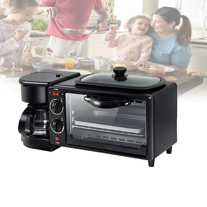 Compact All-in-One Breakfast Station with 7L Oven, Coffee Maker, Large Non-stick Griddle and Toaster Function, Ideal for Small Kitchens, Office Break Rooms