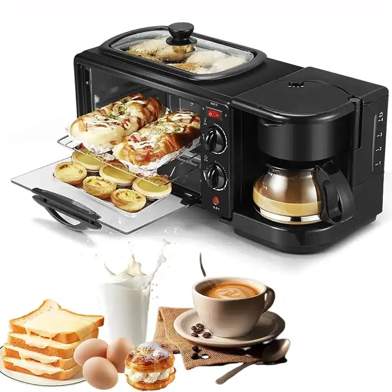Electric Breakfast Machine,3-In-1 Breakfast Station with 1.2L Cooking Pot, 9L Large Capacity Baking Area, and Coffee maker,100-230° Temperature Control & 30min Timing,for Kitchen(Black)