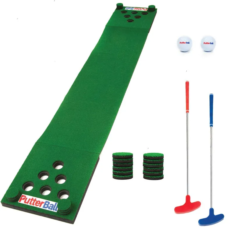 PutterBall Original Golf Putting Game Set – Backyard 12 ft Putting Green Pong Style Golf Mat with 2 Putters, 2 Balls & Hole Covers (Putterball Original)
