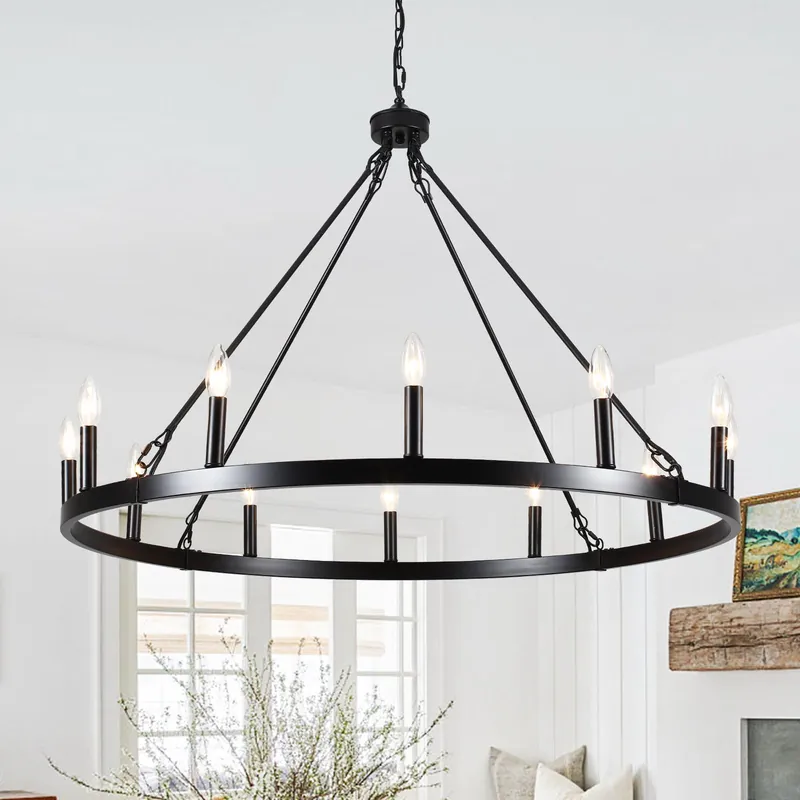 12-Light Black Wagon Wheel Chandelier for Dining Room Farmhouse Pendant Light Fixtures Outdoor for Rustic High Ceilings Round Chandeliers for Living Room Entryway Foyer Kitchen Island,38",E12