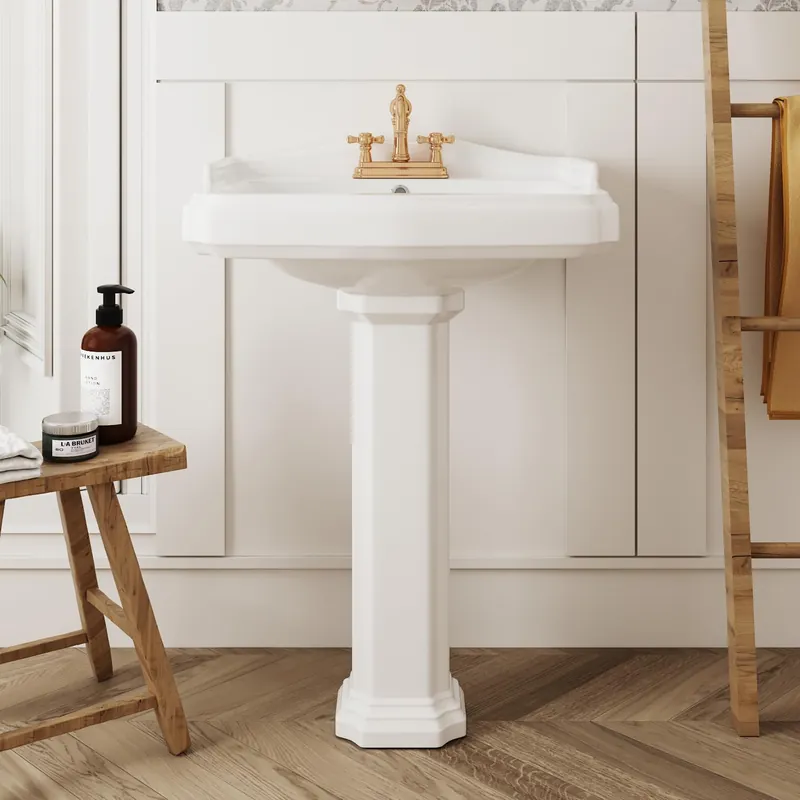 DeerValley Dynasty 23x19 Inch White Pedestal Sink, Ceramic Bathroom Sink with Overflow and Backsplash, DV-1P522