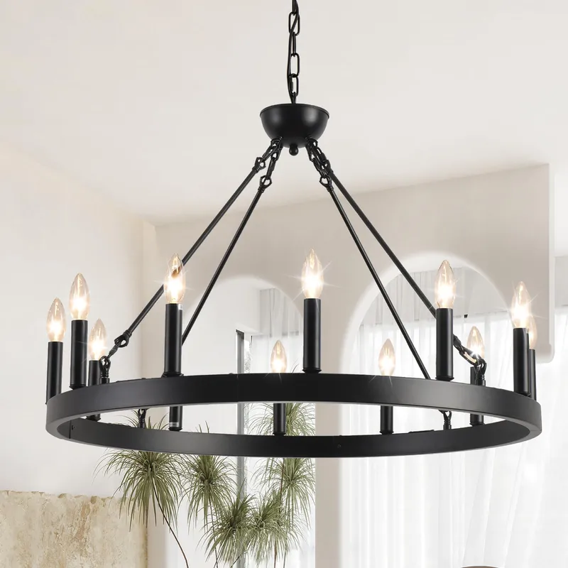 VBKK Wagon Wheel Chandelier 32" 12-Light, Round Black Chandeliers Farmhouse Modern Wagon Wheel Light Fixtures, for High Ceiling Dining Living Room, Foyer, Entryway