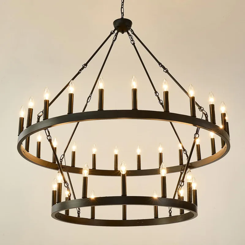 HHR 48 Inch 2 Tier Wagon Wheel Chandelier, 36-Light Extra Large Black Round Chandelier, Rustic Farmhouse Light Fixture for High Ceilings, Dining Room Living Room Foyer Entryway