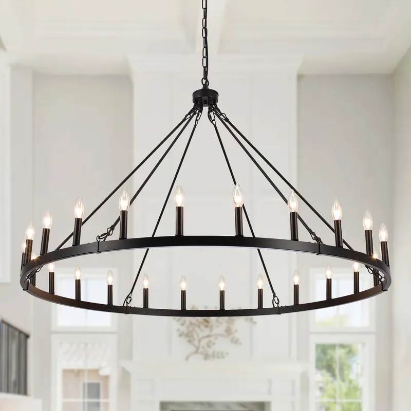 YLCHYTDZSW 24-Light Black Wagon Wheel Chandelier for Living Room 52 Inch Farmhouse Chandeliers Large Round High Ceilings Light Fixtures for Entryway Dining Room Foyer Kitchen Island