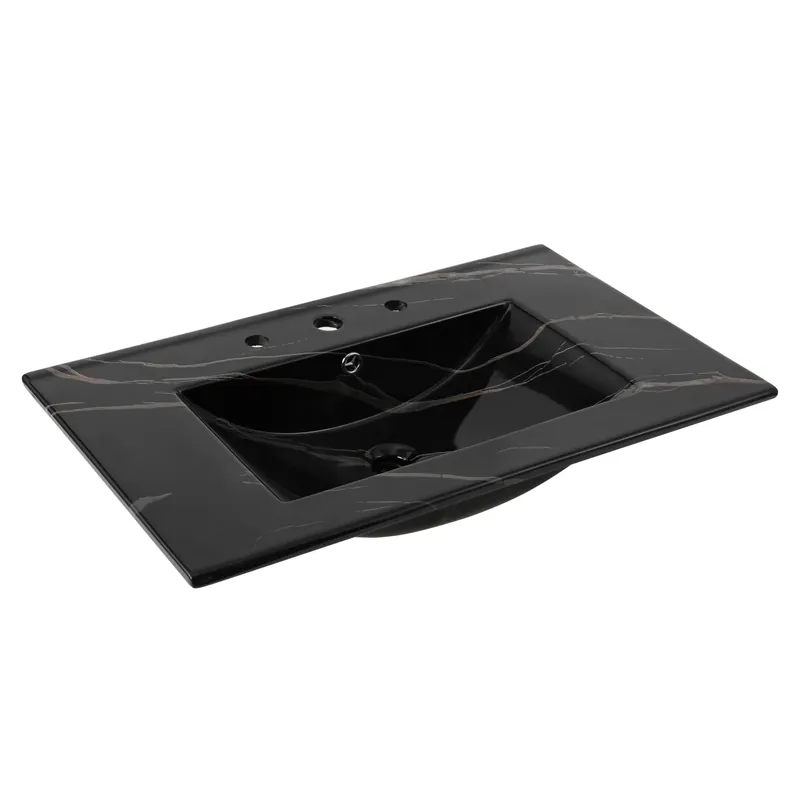 JONATHAN Y SNK1002D Ancillary 3-Hole 30 in. W x 18.25 in. D Classic Contemporary Rectangular Ceramic Single Sink Basin Vanity Top, Black Marble Effect
