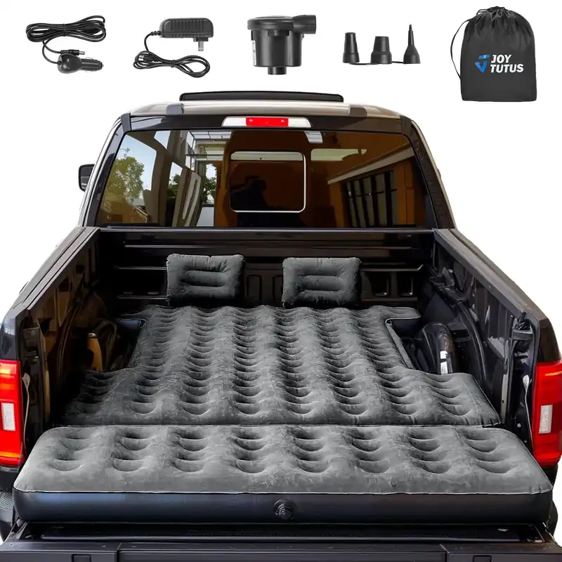 JOYTUTUS 6.4-6.7Ft Truck Bed Air Mattress with Removable Tailgate Extension,Thickened Inflatable Full Size Regular Truck Beds, with Air Pump&2 Pillows,Black