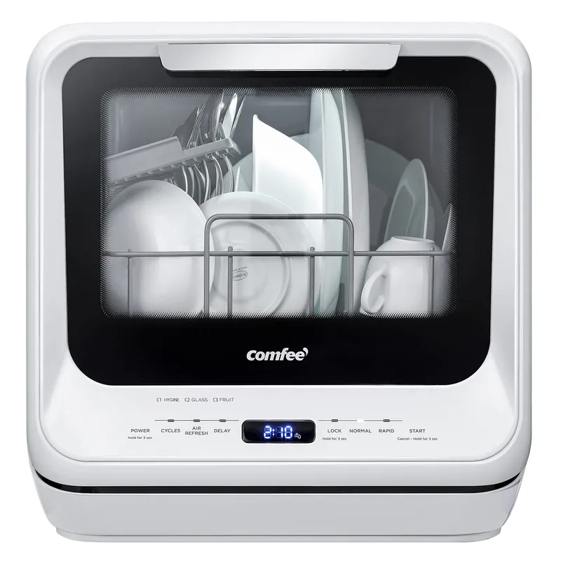 COMFEE‘ Portable Dishwasher Countertop with 5L Built-in Water Tank, No Hookup Needed, 6 Programs, 360° Dual Spray, 192℉ High-Temp& Air-Dry Function, Mini Dishwasher for RVs, White