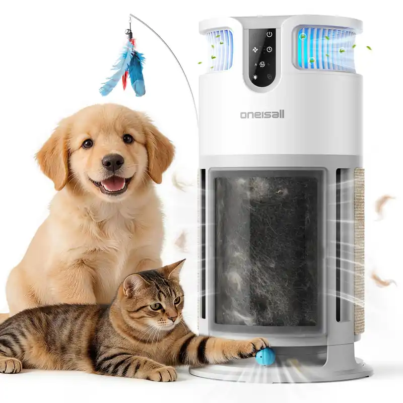oneisall Pet Air Purifier for Home Large Room 3000 Ft², H13 HEPA Washable Filter, 360° Airflow Visible Air Cleaner for Pet Hair, Odor Allergies Smoke Dust, PM2.5 Monitor,Auto Mode,Cat Toys,PP04