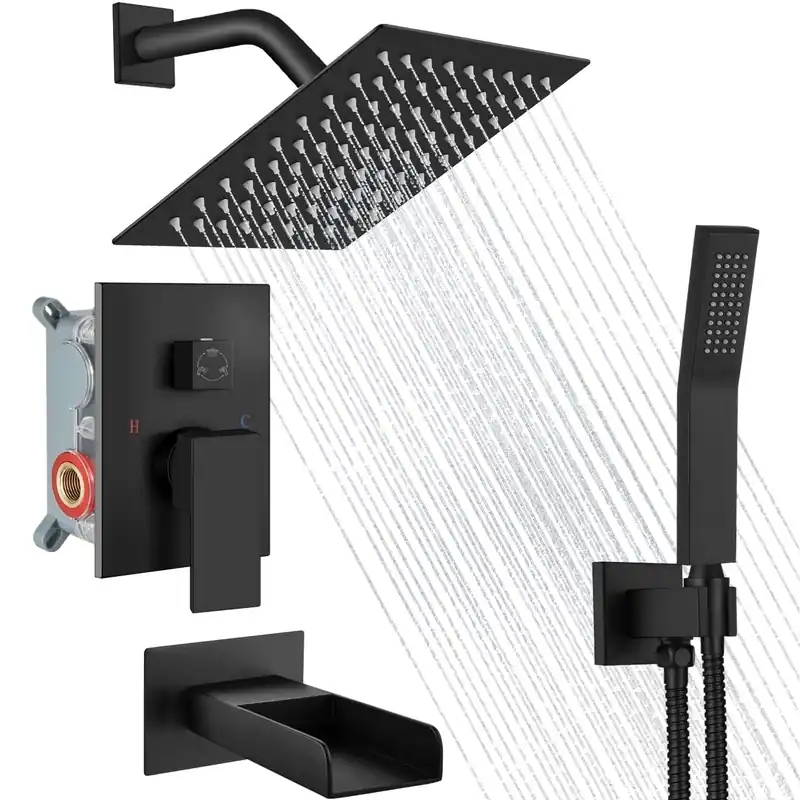 Midanya Rain Shower System Tub Shower Faucet Set Square Rainfall Waterfall Shower Head with Handheld Sprayer Tub Spout Combo Wall Mounted bathtub faucet set Rough-in Valve, 8 Inch Matte Black