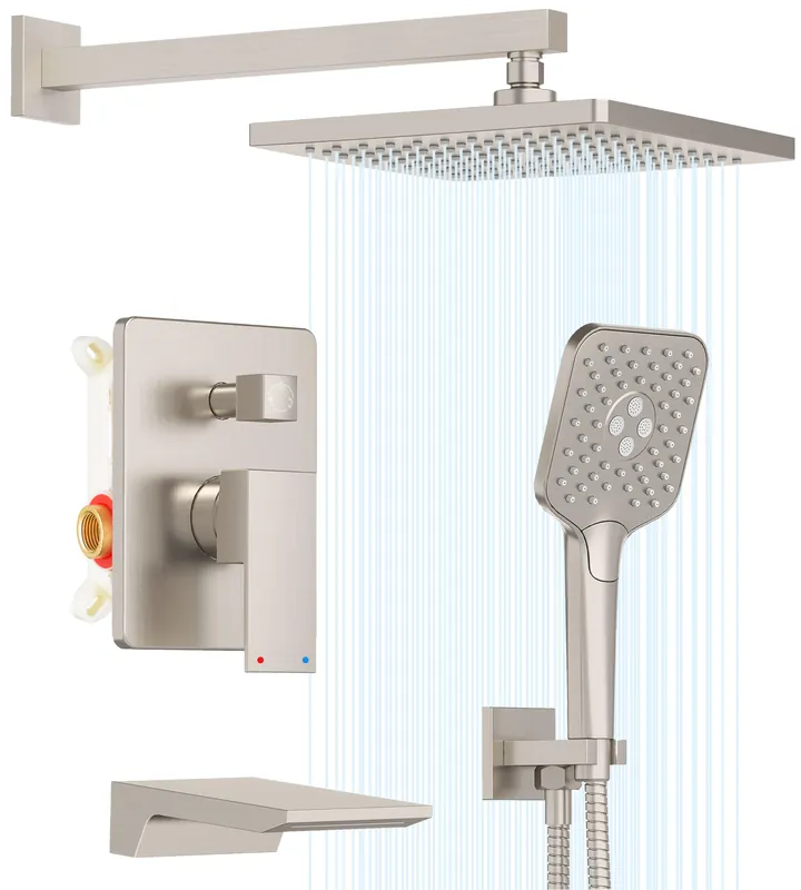 Gabrylly Shower System with Tub Spout, Wall Mounted Tub Shower Faucet Set for Bathroom with High Pressure 10" Rain Shower head and 3-Setting Handheld Shower Head Set, Brushed Nickel