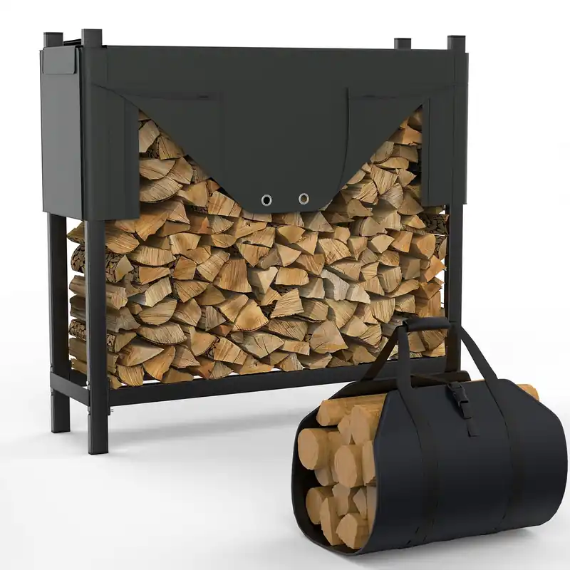 WALMANN Heavy-Duty Firewood Rack with Waterproof Cover & Firewood Carry Bag, 4ft Outdoor Indoor Wood Log Holder for Fireplace, Patio & Porch, Sturdy Steel Fire Wood Storage Stand