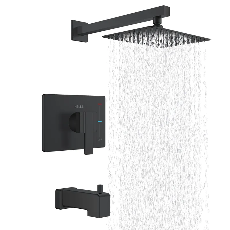 KENES Matte Black Tub Shower Faucet Set Complete with 10-Inch Rainfall Shower Head and Tub Spout, Square Tub and Shower Trim Kit, KE-6024A-2 (Shower Valve Included)