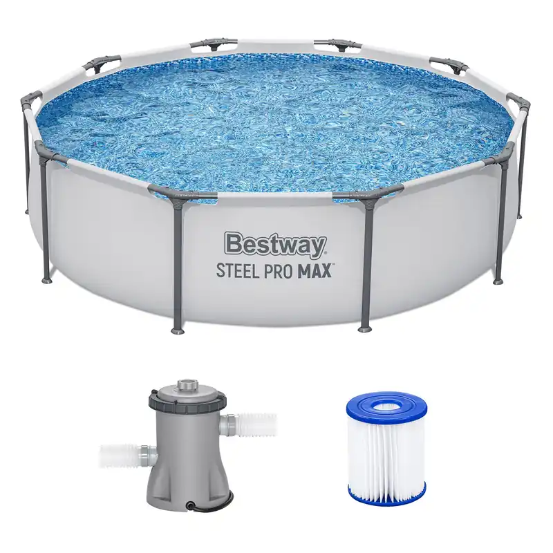 Bestway Steel Pro MAX 10‘ x 30" Above Ground Pool, Round Metal Frame Outdoor Swimming Pool Set with Filter Pump & Type I Cartridge, Gray