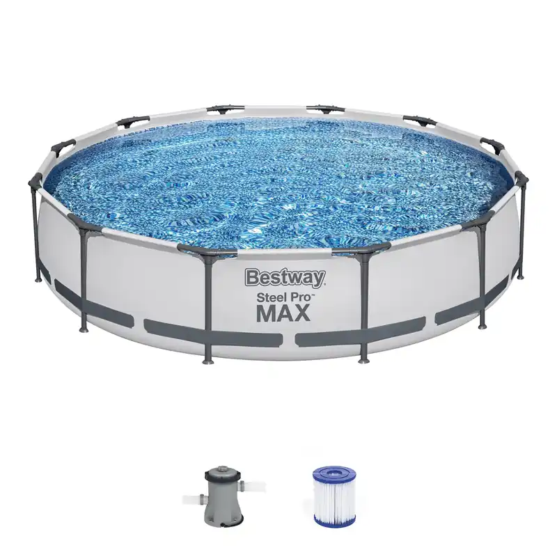 Bestway Steel Pro MAX Above Ground Swimming Pool (12‘ x 30") Round Outdoor Backyard Family Pool with Tritech® Puncture-Resistant Liner Easy Setup Includes Filter Pump for Clean, Clear Water