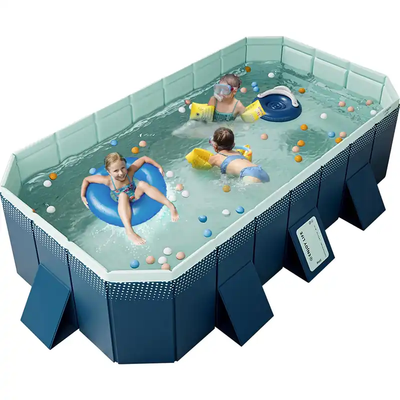 WIRHAO Foldable Non-Inflatable Kids‘ and Adults‘ Outdoor Swimming Pool Hard Plastic Shell Kid Pool for Backyard Dog Pools (113" x 66" x 20")