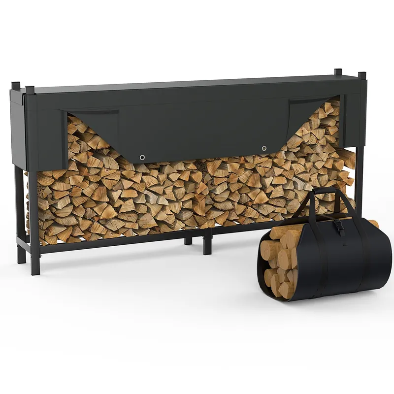 WALMANN Heavy-Duty 8 ft Firewood Rack with Waterproof Cover & Firewood Carry Bag, Outdoor Indoor Wood Log Holder for Fireplace, Patio & Porch, Sturdy Steel Fire Wood Storage Stand