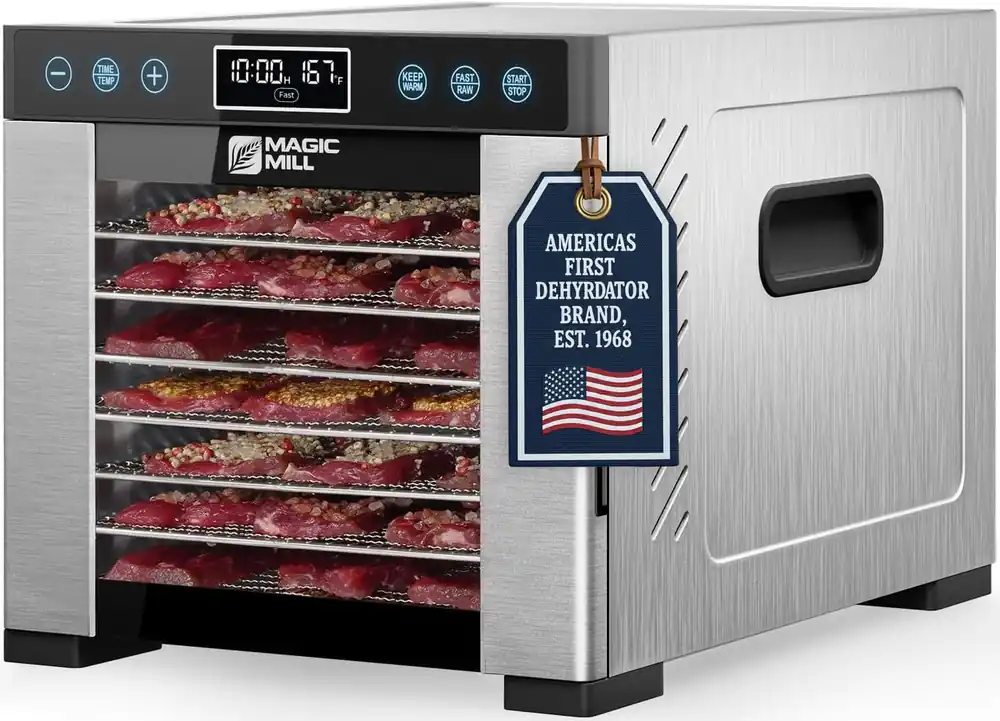 Magic Mill Pro Food Dehydrator Machine Powerful 600W Rear Fan Even-Drying System 7 Full-Size Stainless Steel Trays 95°-176° Temperature Control, 48H Timer, Keep Warm + Auto Shutoff ETL Listed