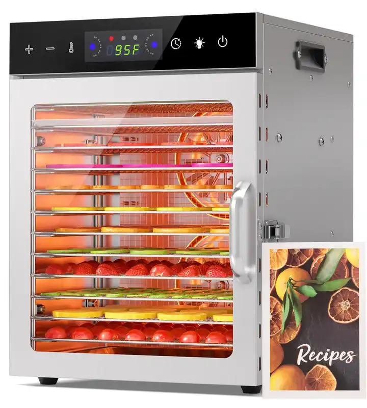 HOPERAN Food Dehydrator Machine with 12 Stainless Steel Trays – Digital Timer & Adjustable Temp Control for Jerky, Herbs, Fruits Overheat Protection, BPA-Free, Includes Recipe Book