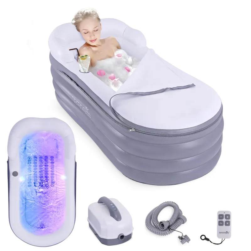 SereneLife Spa Bathtub with Bubble Massage Mat – Inflatable Bathtub with Pillow, Cup Holder, Remote Control for LED Lighting, Backrest and Armrests, Supporting Up To 190 lbs. 66" x 30" x 26"