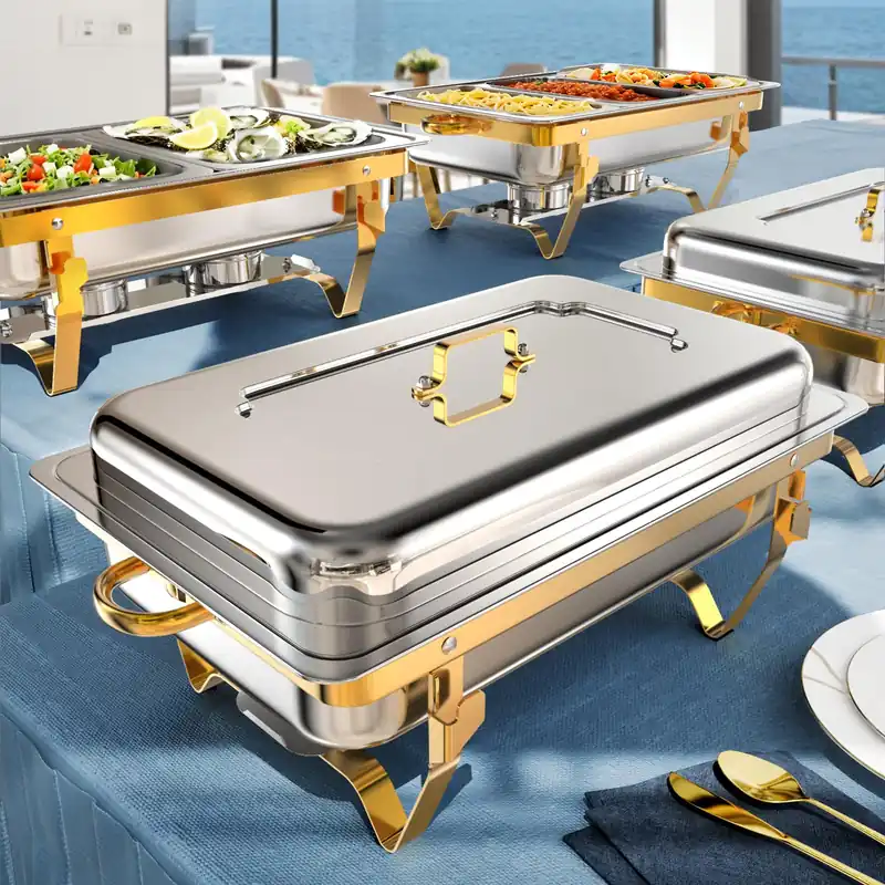 Amhier Chafing Dishes for Buffet 9Qt 4 Pack [Multiple Food Pans Combo] [Sturdy and High Grade] Stainless Steel Chafing Dishes for Weddings, Parties & Festival, Gold