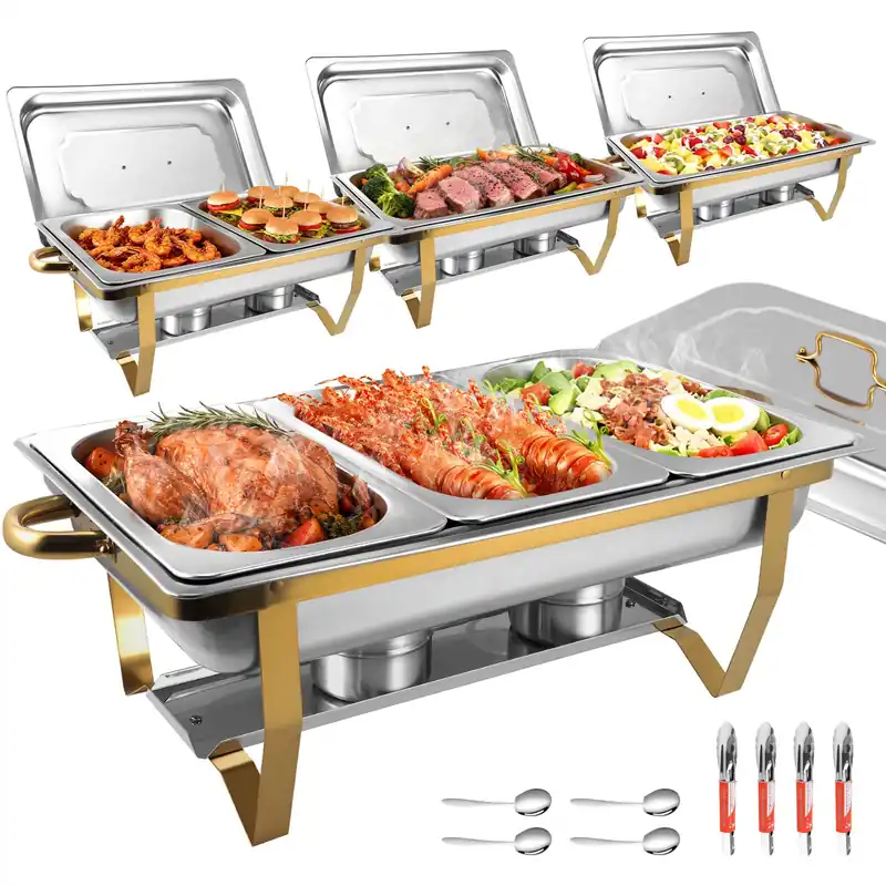 Chafing Dishes for Buffet 4 Pack, 8Qt [Multi-Size Food Pans] High Grade Chafing Dish Buffet Set Rolled-Edge Stacking Design [Easy Storage] Buffet Servers Food Warmers for Parties, Events & Weddings