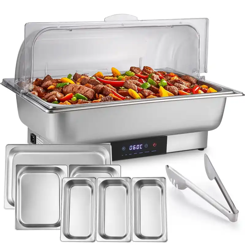 Electric Chafing Dish Buffet Server Set, Stainless Steel Full Size & Half-Size &Three-Section Food Pan with Temp Control, Roll Top Stainless Steel Food Warmers for Catering Buffet (A-02)