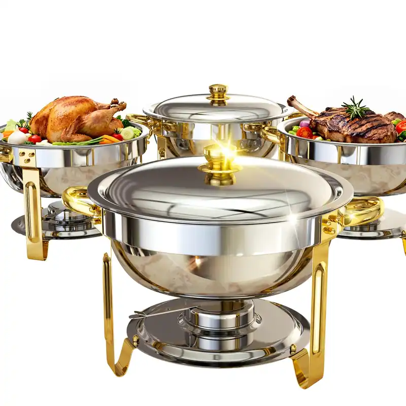Chafing Dishes for Buffet, 4 Pack 6QT Round Chafing Dish Buffet Set [Elegant Gold and Silver Colors] Stainless Steel Buffet Servers and Warmers for Catering Events Parties Dinners with Complete Set