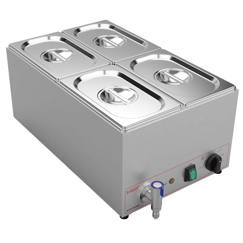 Valgus Commercial Stainless Steel 4 Sections Bain Marie Food Warmer 16 Qt Buffet Server with Lid and Tap for Home, Catering, Restaurants