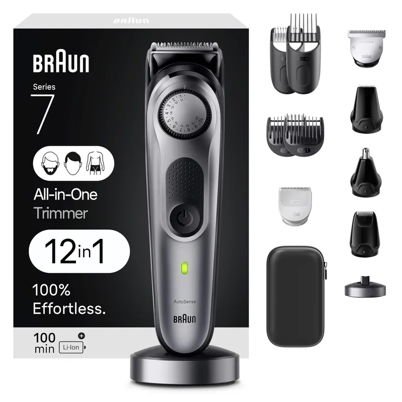 Braun All-in-One Men‘s Shaving Kit Series 7 7440, 12-in-1 Beard, Face, Nose, Ear Trimmer, Hair Clippers, Body Groomer and Manscaping + Travel Case + Charging Stand