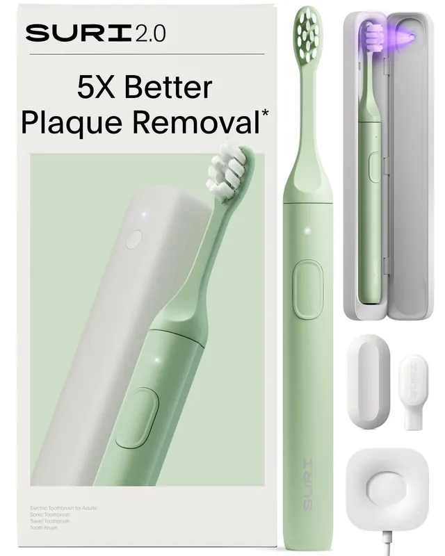 SURI 2.0 New Sonic Electric Toothbrush with Pressure Sensor & UV-Cleaning Travel Case 1 Month+ Battery Electric Toothbrush for Adults Travel Toothbrushes Tooth Brush Green