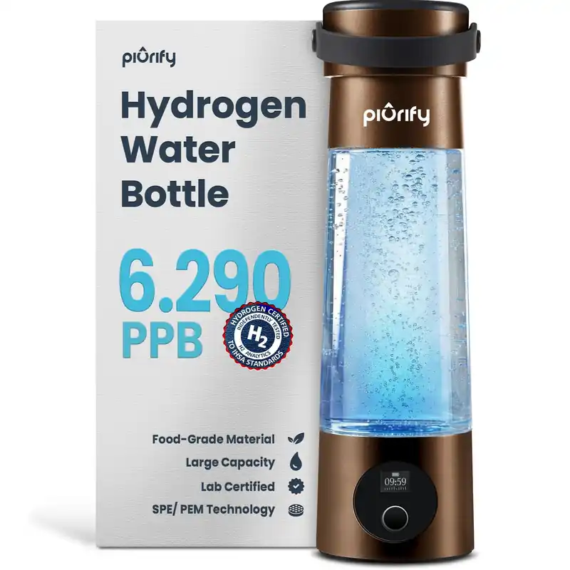 PIURIFY Hydrogen Water Bottle Generator 17 OZ UP to 6,290 PPB H2 Molecular Hydrogen SPE/PEM Electrolysis Ergonomic Handle Dual-Mode 2200 mAh Battery Certified by H2 Analytics Brown