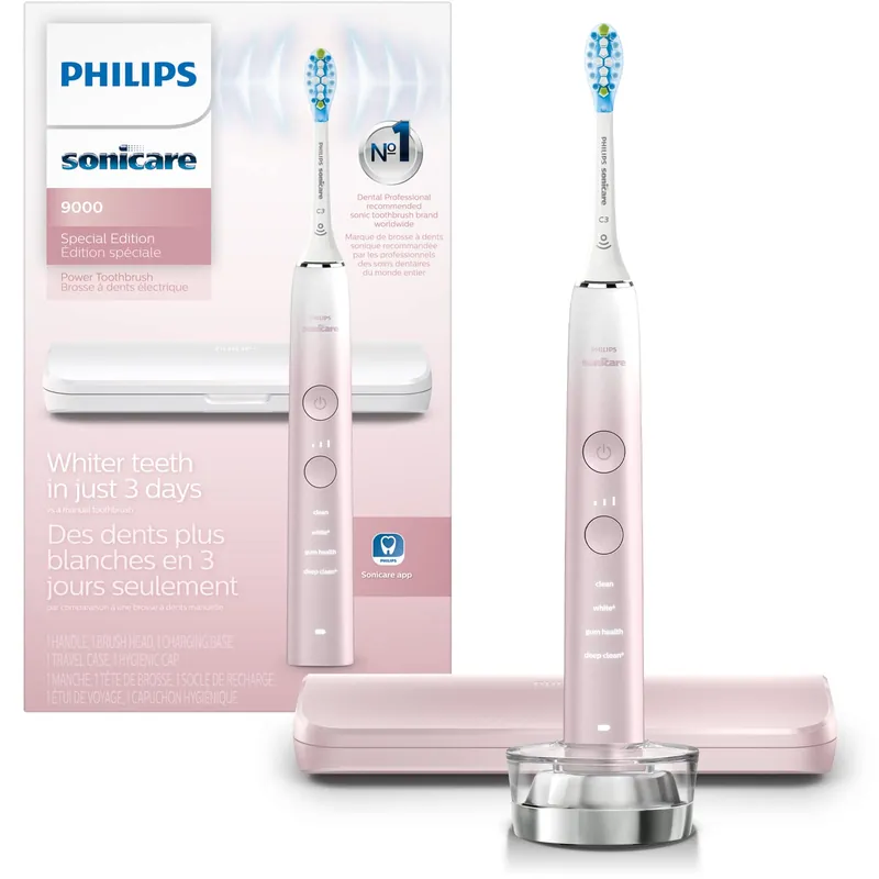 Philips Sonicare DiamondClean 9000 Electric Toothbrush - Sonic Toothbrush with App, Pressure Sensor, 12 Brushing Settings, Replacement Reminder, Charging Stand, Travel Case, Pink, HX9911/90