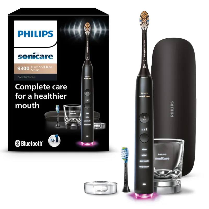 Philips Sonicare DiamondClean Smart 9300 Electric Toothbrush, Sonic Toothbrush with App, Pressure Sensor, Brush Head Detection, 4 Brushing Modes and 3 Intensity Levels, Black, Model HX9903/15