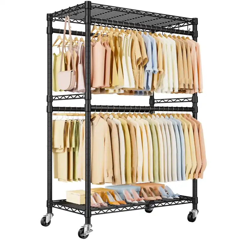 ULIFHOME P4 Plus Rolling Clothes Rack Heavy Duty, Clothing Racks for Hanging Clothes, Free Standing Garment Racks with Wheels, Portable Closet Rack 45‘‘W × 20.5‘‘D × 80.5‘‘H, Max Load 570 Lbs, Black