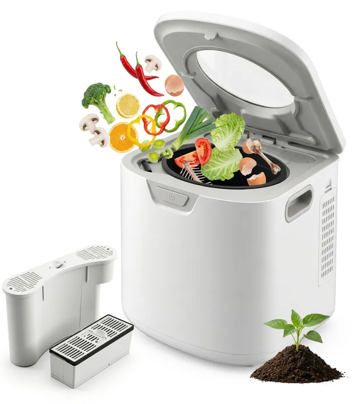 NutriChef 4 Quart Electric Kitchen Composter Smart Countertop Composter Includes 2 Odorless Carbon Filters Electric Compost Bin for Indoor Use 3 Volume Based Modes Small, Medium & Large White
