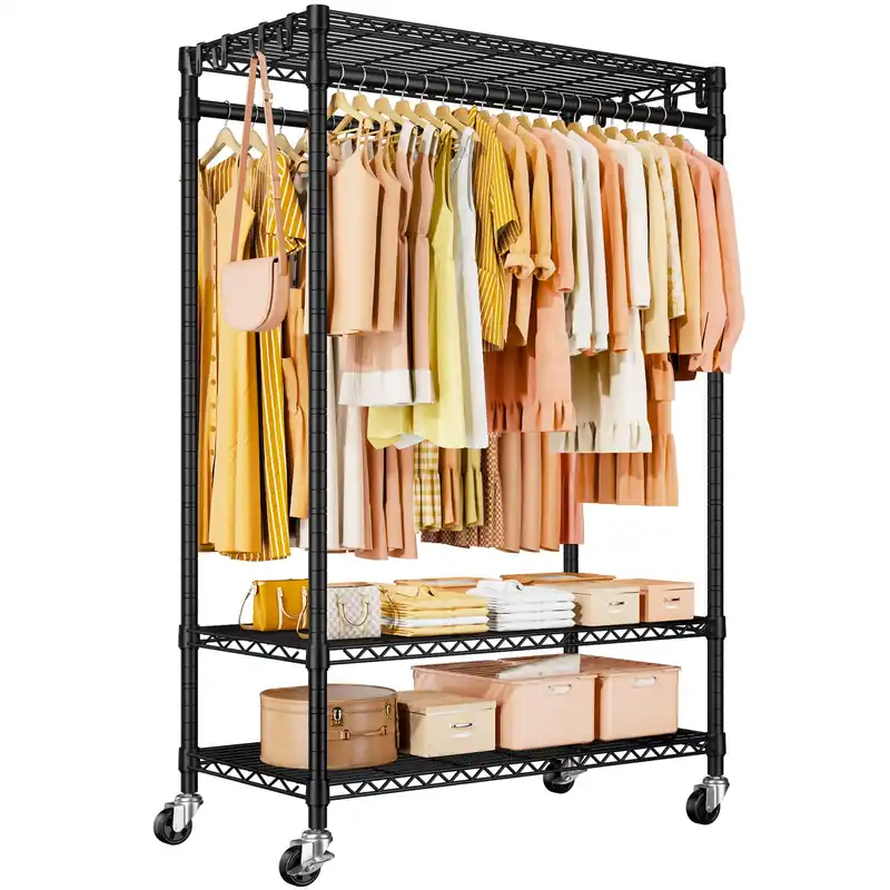 ULIFHOME P7 Rolling Clothes Rack, Clothing Racks for Hanging Clothes, Heavy Duty Garment Rack with Wheels, 3 Tiers Freestanding Portable Closet Rack 45‘‘W × 20.5‘‘D × 80.5‘‘H, Max Load 480 lbs, Black