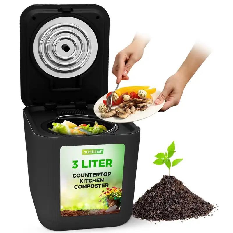 NutriChef Electric Kitchen Composter 3 Quart Food Recycler Food Waste Compost Bin for Countertop 1 Button to Compost, Easy to Clean Composter Bucket Low Noise, Odorless & Auto Clean Grey