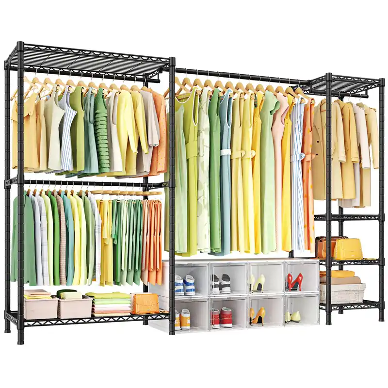 Ulif E10 Clothes Rack(With Stretchable Hanger Rod)Freestanding Clothing Racks for Hanging Clothes,Adjustable Closet Organizer System,Portable Garment Rack 73-97"W x 15" D x 72" H,Max Load 800LBS,Black