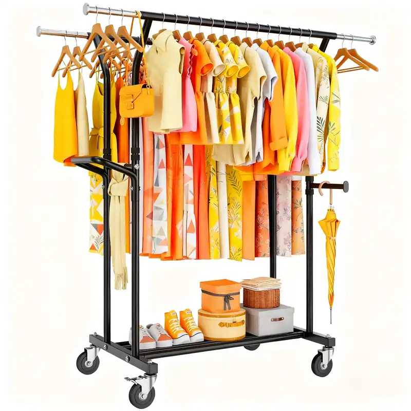 YGleeao Heavy Duty Clothes Rack 800LBS Rolling Clothing Garment Rack for Hanging Coat Double Rods Portable Cloth Racks with Wheels Shelf Sturdy Metal Adjustable Wardrobe Bedroom Laundry Living Room