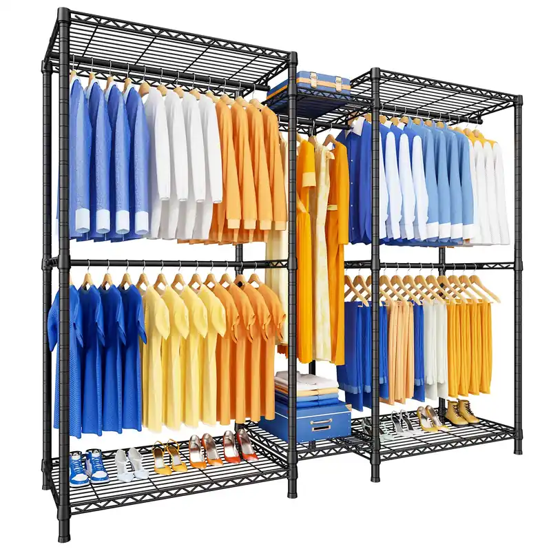 Ulif E12 Pro Clothes Rack,Heavy Duty Freestanding Garment Rack with Shelves,Metal Clothing Closet Storage System for Hanging Clothes,71" W x 16" D x 76.5" H, Hold 960 lbs,Black