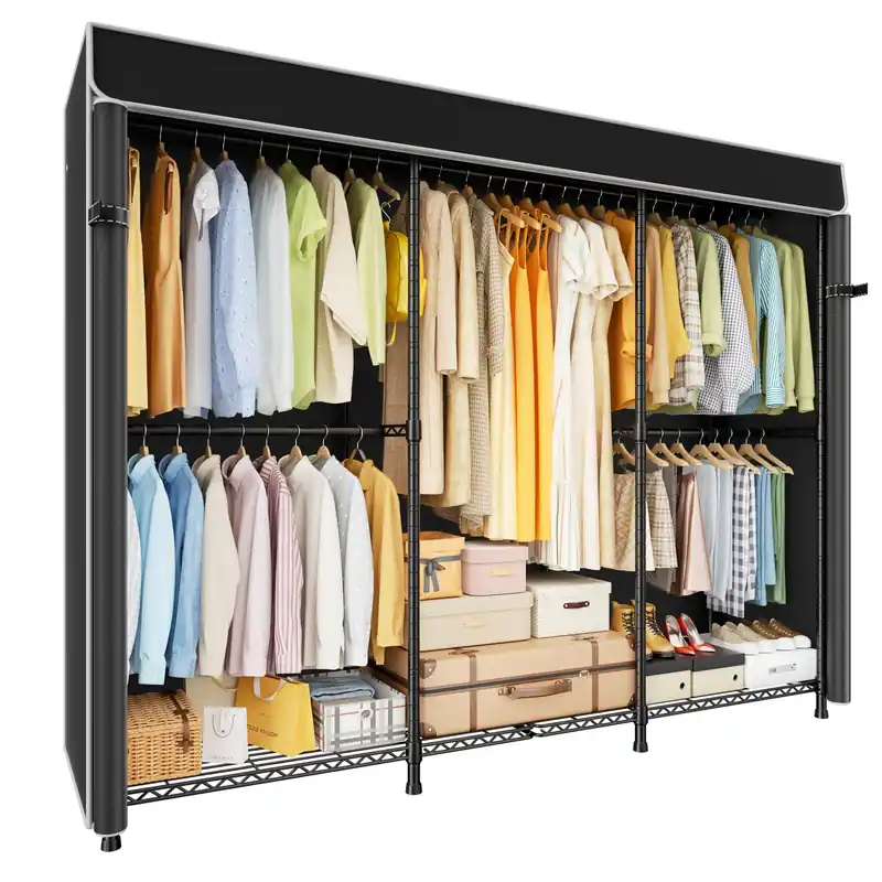 ULIFHOME E14C Pro Heavy Duty Closet Organizer System,Freestanding Clothing Racks for Hanging Clothes,Adjustable Garment Rack 70.1"W × 16.6"D × 76.4"H Hold 960 lbs,Black Rack with Black Dustproof Cover