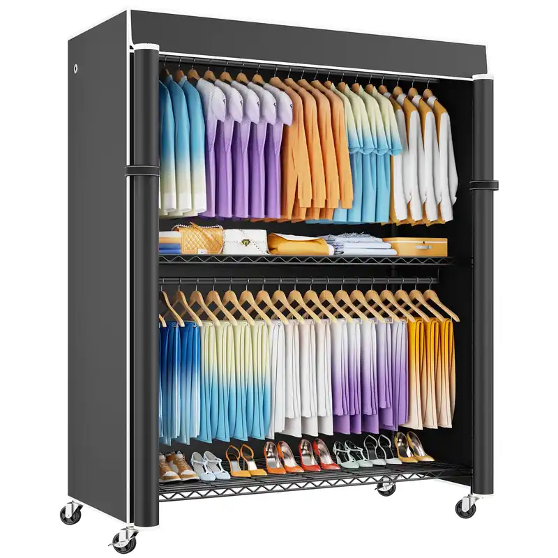 ULIFHOME P8C Max Heavy Duty Clothes Rack(With Extended Width Design) Rolling Clothing Racks for Hanging Clothes with Lockable Wheels,51.2"W x 15.8"D x 80.5"H,Load 700LBS,Black Rack with Black Cover
