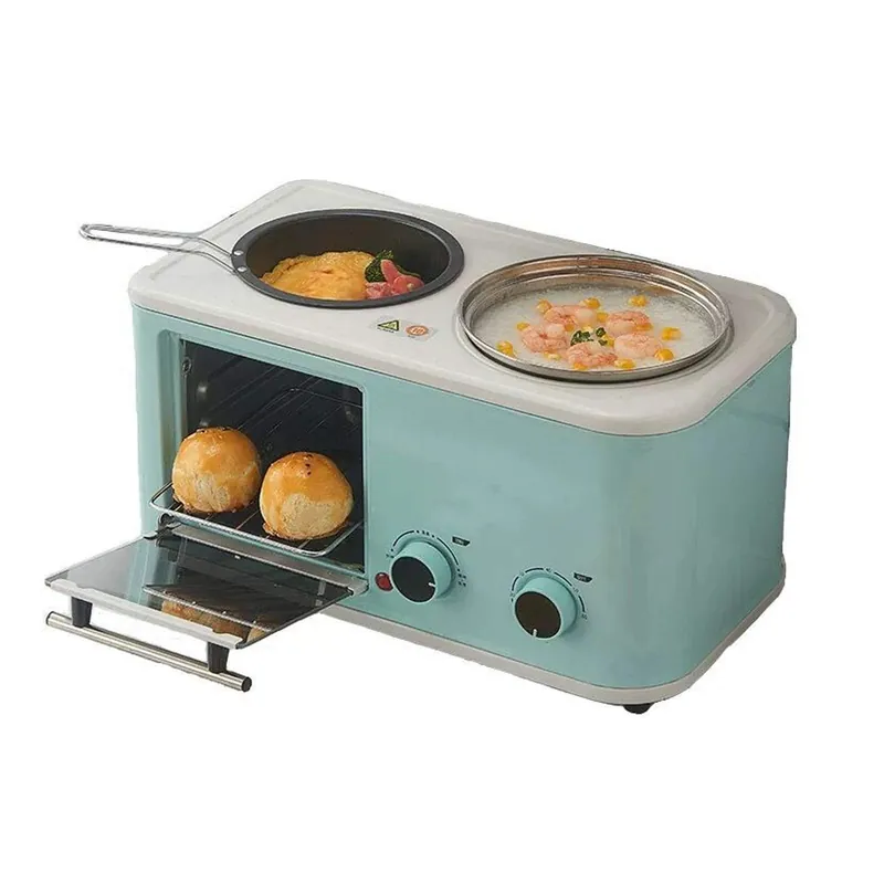 JDXQBLD Portable Multifunction 3 in 1 Breakfast Machine, Electric Mini Oven, Family Breakfast Station for Baking, Frying,Blue
