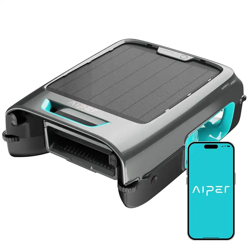 AIPER EcoSurfer S2 Solar Powered Pool Surface Skimmer Robot with APP Support, 24/7 Continuous Cleaning, Dual Charging Modes, Smart Obstacle Avoidance, 150-um Filtration, OTA Upgrade