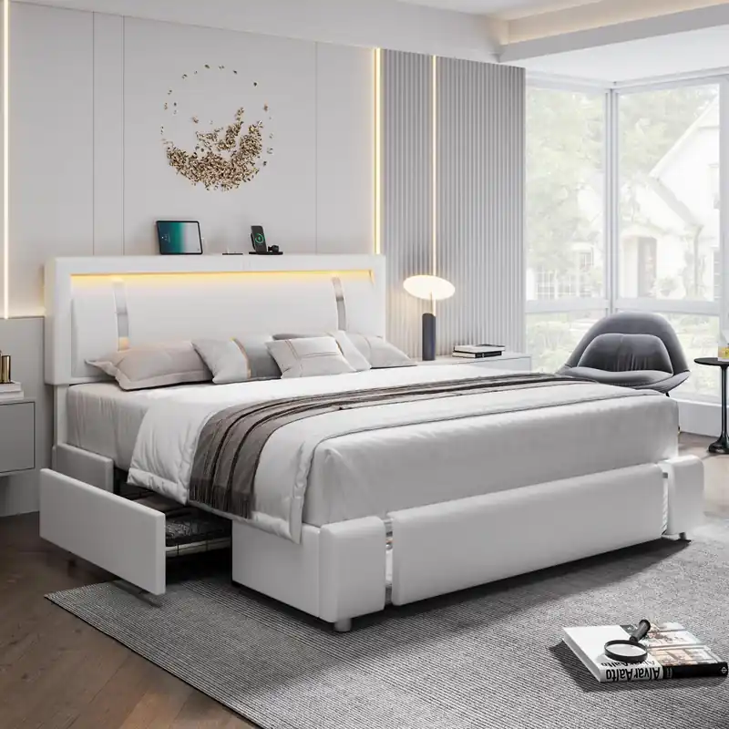 Keyluv Queen Bed Frame with RGB LED Lights Headboard & 2 Storage Drawers, Modern Upholstered Faux Leather Smart Platform Iron Metal Decor, USB USB-C Charging Ports, No Box Spring Needed, White