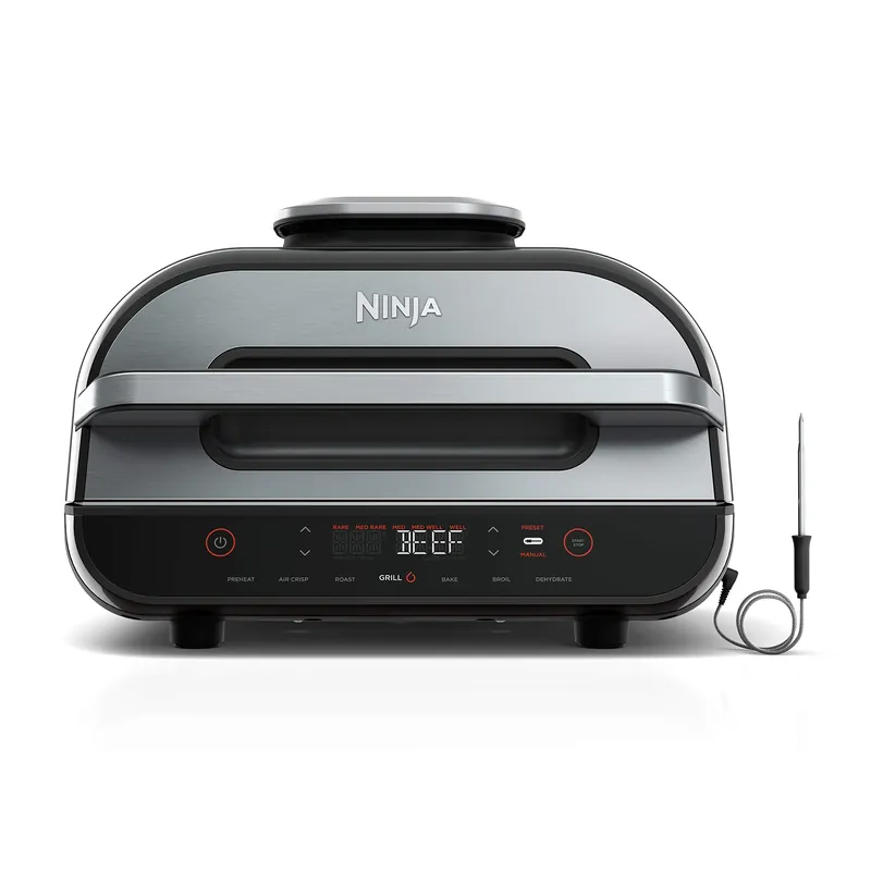 Ninja Indoor Grill and Air Fryer Foodi Smart XL 6-in-1 Grill, Air Fry, Roast, Bake, Broil, Dehydrate & Crisp Smart Thermometer & Splatter Shield Dishwasher Safe Parts Black/Silver FG551