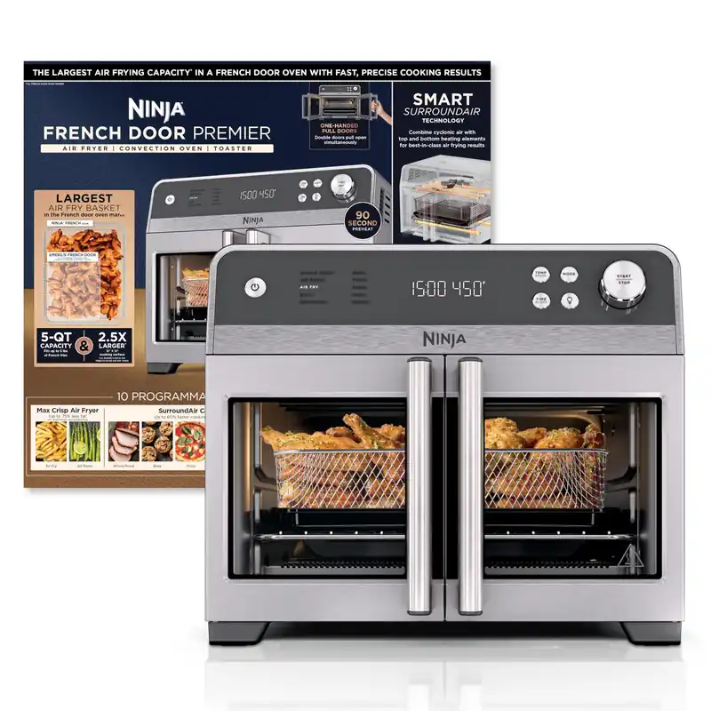 Ninja French Door Premier Air Fryer, Convection Oven, Toaster 5-qt Air Fry Basket, Sheet Pan, Wire Rack, Broil Rack PFAS-free Cooking Surface, Dishwasher-safe Accessories FO101 (NEW)