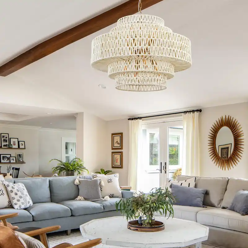 LUJOGUID 28.74in Large Chandelier White Light for Living Room, 8-Light Rattan Lighting Hand Woven Wicker Light Fixtures for Dining Room Bedroom Kitchen Island Restaurant